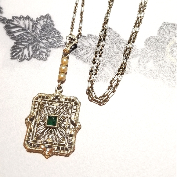 1920s SOLID 10KT GOLD Art Deco Emerald Lavaliere Necklace - Picture 2 of 8